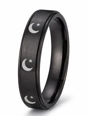 Black Moon Star Fidget Spinner Ring Stainless Steel Anxiety Band